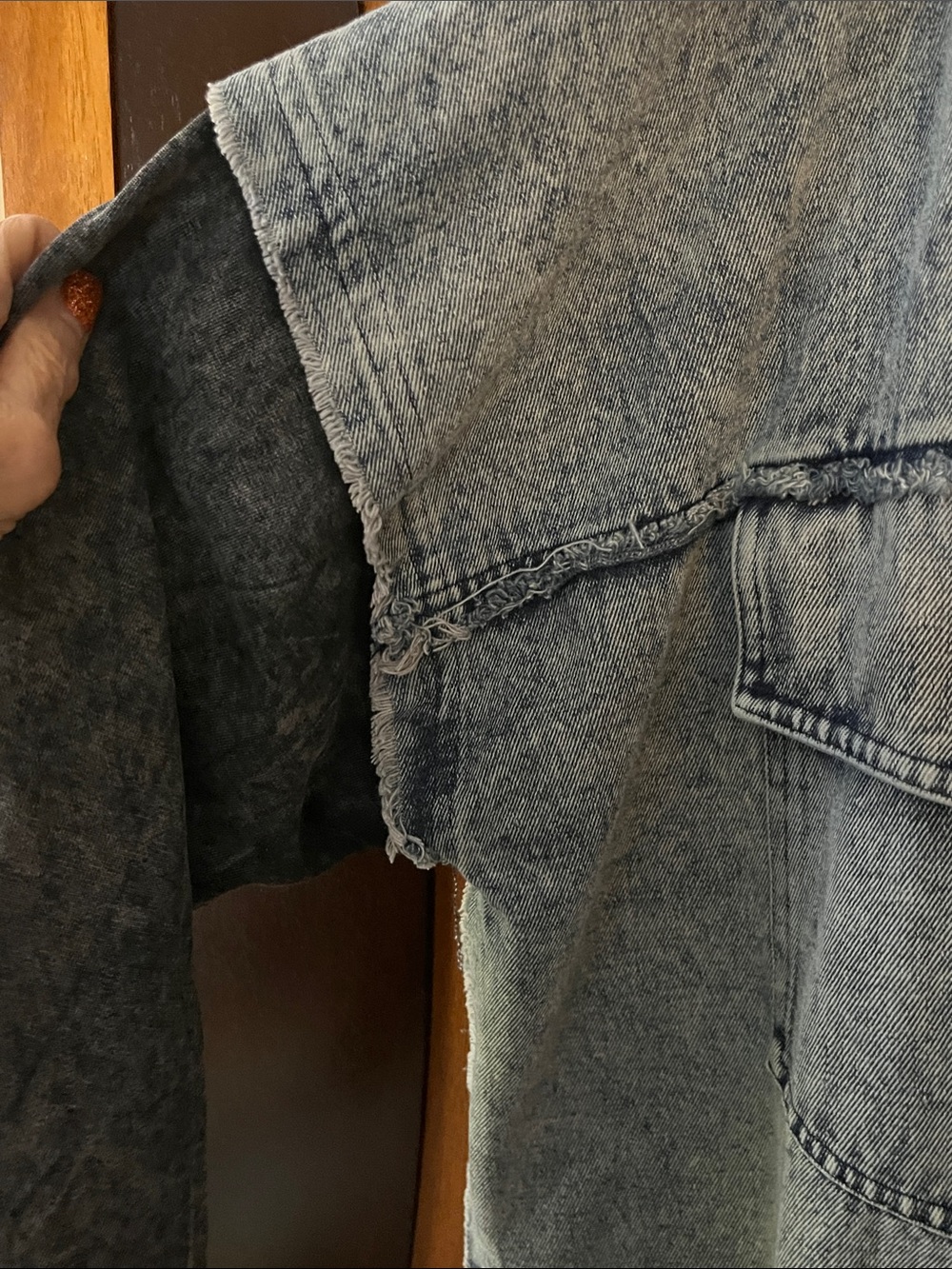 Oli & Hali Oversized Washed Black Fabric/Blue Denim Hooded Jacket w/Pockets - Picture 9 of 16